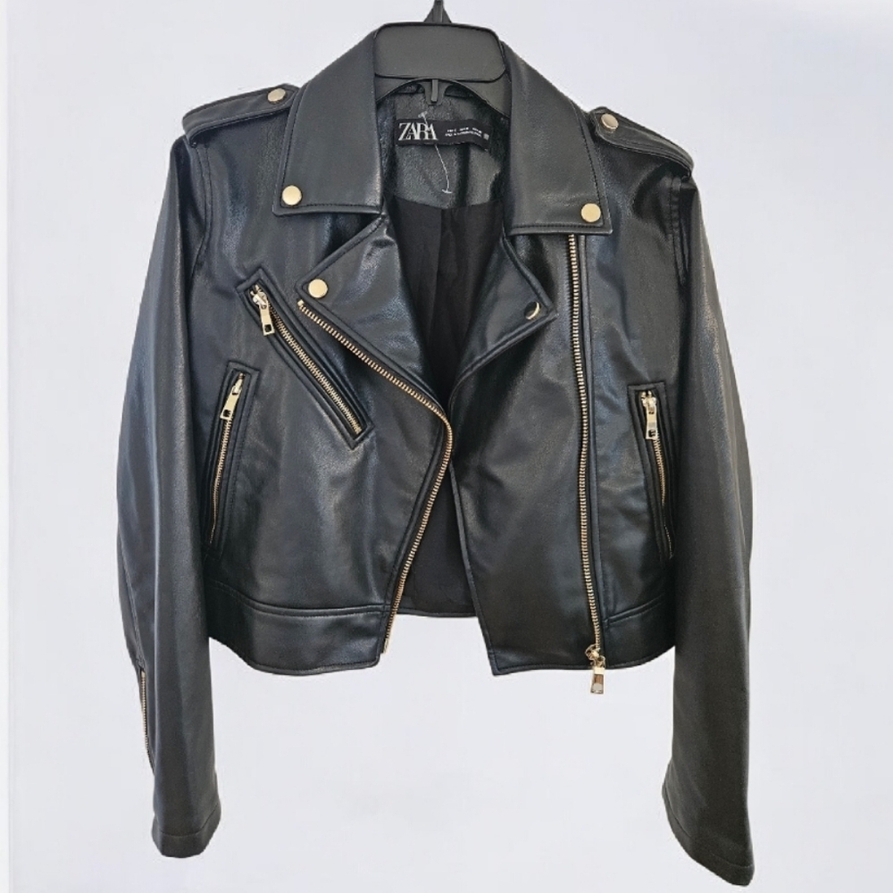 Zara Black faux leather Biker Jacket Size Small